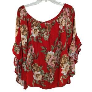 3971)Unique Spectrum Red Floral  On/Off Shoulder Flowy 3/4 Bell Sleeve Top Sz 1X